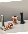 Solid Furniture Fastening Kits With Heavy Duty Metal Threaded Inserts For Wood Builds showing various metal screws and inserts.