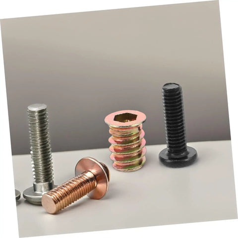 Solid Furniture Fastening Kits With Heavy Duty Metal Threaded Inserts For Wood Builds showing various metal screws and inserts.