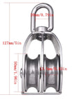 Front view of M50 Double Pulley Block Set, Stainless Steel 304, dimensions labeled, heavy duty swivel system