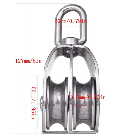 Front view of M50 Double Pulley Block Set, Stainless Steel 304, dimensions labeled, heavy duty swivel system