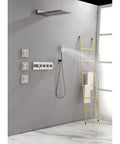 Wall Mounted Waterfall Rain Shower System with 3 Body Sprays & Handheld Shower installed on a modern bathroom wall.