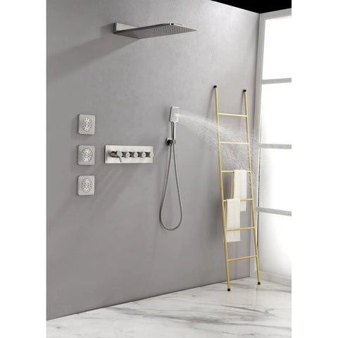 Wall Mounted Waterfall Rain Shower System with 3 Body Sprays & Handheld Shower installed on a modern bathroom wall.
