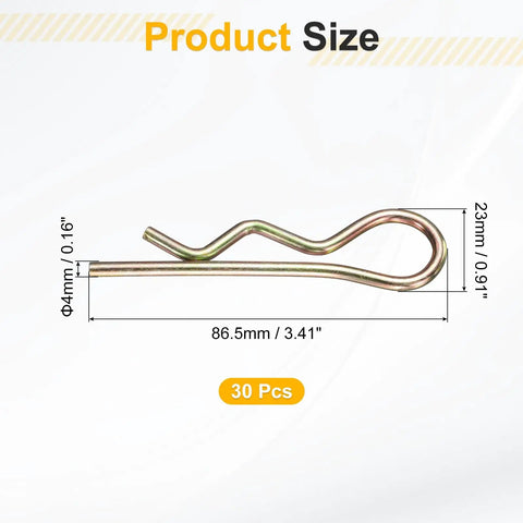 30 Piece Hitch Pin Clip Kit 4x86.5mm Zinc Plated Spring Steel R Clips Retaining Pins for trailers, showing dimensions