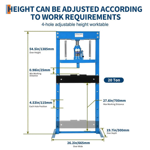 Heavy Duty 20 Ton H-Frame Hydraulic Shop Press, adjustable height worktable dimensions shown, blue frame.