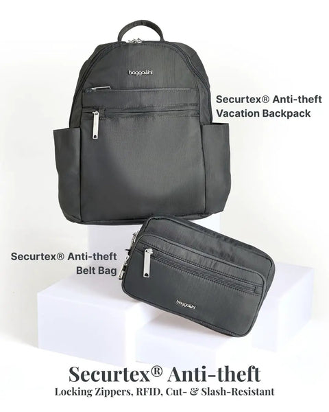 Anti-Theft Travel Backpack With RFID On-The-Go Slash-Resistant Nylon and matching belt bag, 10x13 inch, charcoal color.