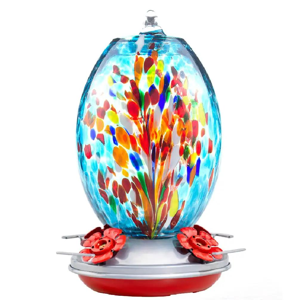Blown Glass Hummingbird Feeder 27oz Blue Design ✓