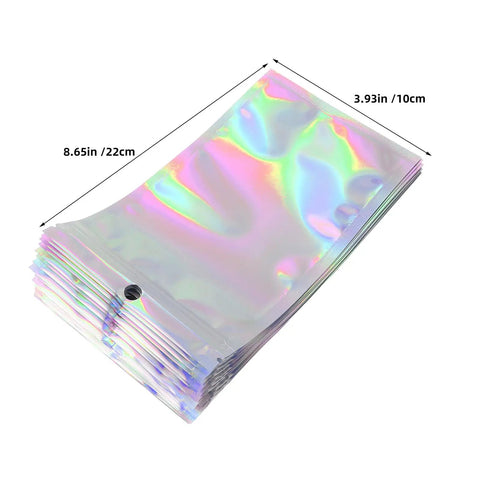 100 Pack Holographic Jewelry Bags With Clear Window Resealable Self Sealing Packaging for Jewelry Candy Snacks and Small Biz Gifts