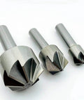 Three HSS chamfer end mills with straight shanks and 120° chamfer tips, front view