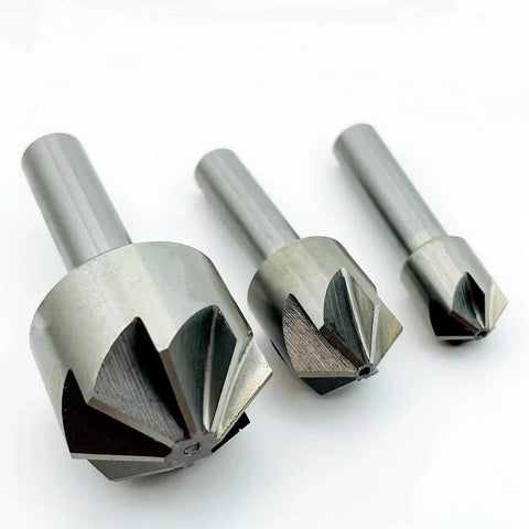 Three HSS chamfer end mills with straight shanks and 120° chamfer tips, front view
