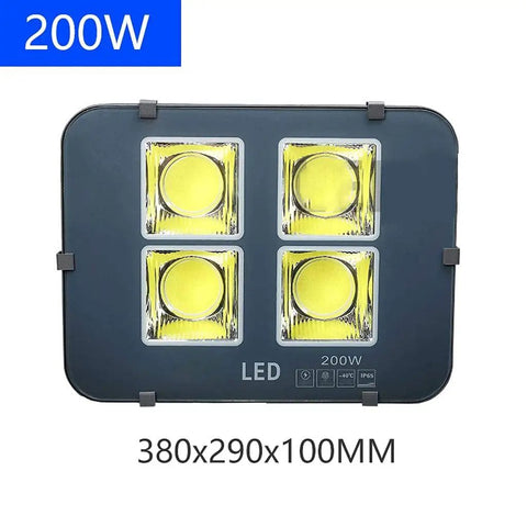 Heavy Duty Rechargeable LED Floodlight Featuring Tough As Nails IP65 Waterproof Housing And Dead Simple Mounting For Rooftop Security Projects Slick Explosion Proof Lens Built Damn Tough, 200W LED light, 380x290x100MM, durable aluminum housing.