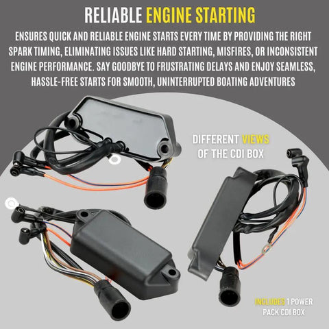 Power Pack For Johnson Evinrude CDI Box Compatible With 4 To 60 HP Outboards in black, plug-and-play installation cables shown.