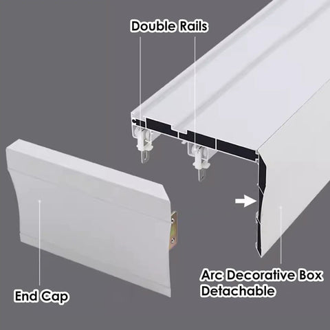 Heavy Duty Ceiling Curtain Track System With Smooth Silent Pulleys And Double Aluminum Runners Paired With A Slick Cornice Cover, showing double rails and end cap.