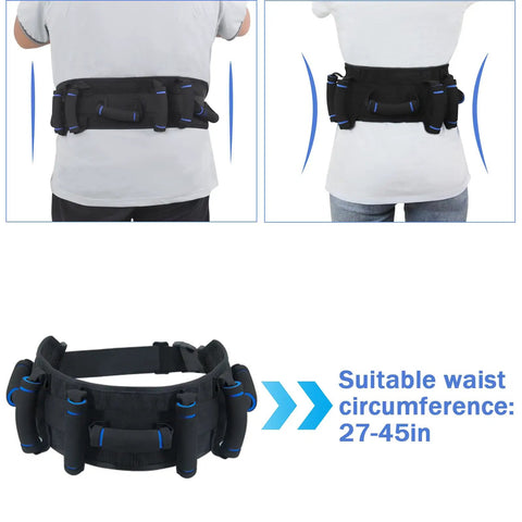 Seven Handles Gait Belt For Seniors With Quick Release shown on waist, suitable for 27-45 in, displaying grip handles.