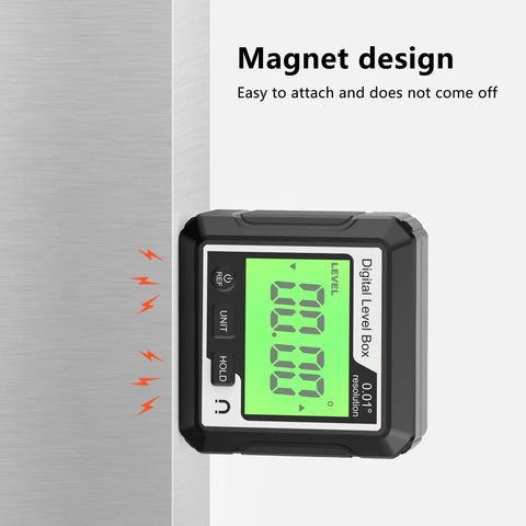 Knockout Performance Digital Angle Finder With Heavy Duty Magnetic Base And Bright Backlit Lcd Display attached to metal surface.