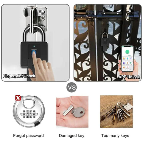 Beefy Biometric Fingerprint Padlock With Bluetooth App Control, shown unlocking a gate with phone app, highlighting outdoor use.