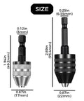Size comparison of silver and black Mini Drill Bit Clamp 0.3-8mm Quick Change Keyless Chuck Adapter Bracket For Impact Drills With Hex Handle.