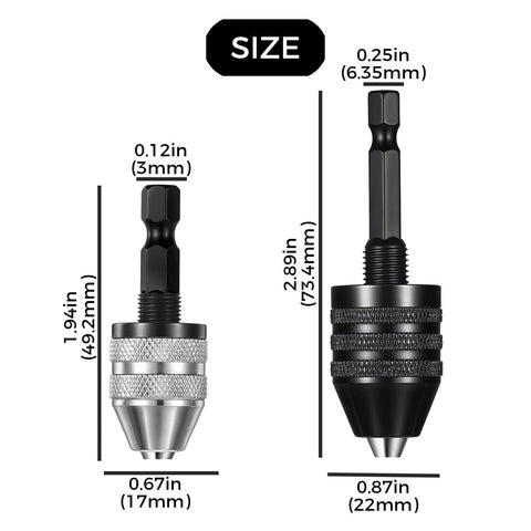 Size comparison of silver and black Mini Drill Bit Clamp 0.3-8mm Quick Change Keyless Chuck Adapter Bracket For Impact Drills With Hex Handle.