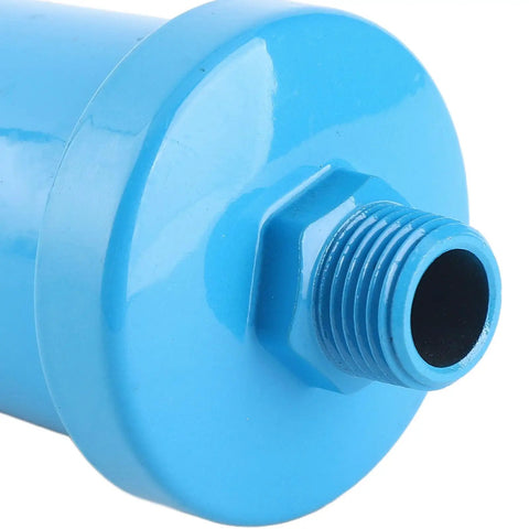 Close-up of blue G1/2 Aluminum Auto Drainer Valve for Pneumatic Systems, highlighting the threaded connection.