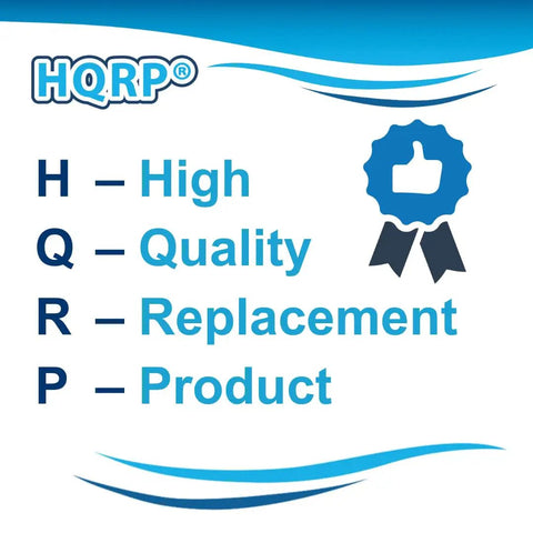 HQRP logo with text explaining the acronym as High Quality Replacement Product and a blue ribbon with thumbs-up icon.