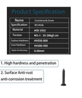 Specifications of countersunk screw with anti-rust treatment, showing material, torsion, hardness, and other technical details.