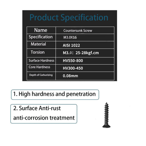 Specifications of countersunk screw with anti-rust treatment, showing material, torsion, hardness, and other technical details.