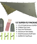 12'x10' OD Green Rainfly Tarp Hammock Shelter Ultralight Waterproof Canopy with stakes, ropes, and accessories