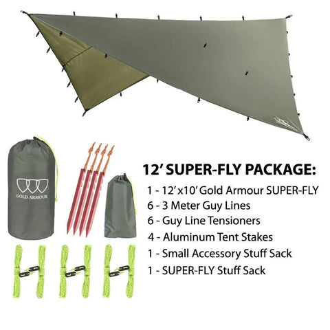 12'x10' OD Green Rainfly Tarp Hammock Shelter Ultralight Waterproof Canopy with stakes, ropes, and accessories