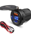 78W Triple Port Car Charger With Dual PD USB Fast Charging No Sweat Design To Juice Up Your Phone And Tablet Effortlessly. Close up view of black charger with LED display and wiring.