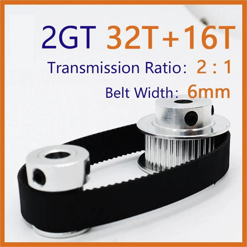 Cool 2:1 Timing Pulley Kit With 16 Tooth And 32 Gear Wheels Plus 6mm Belt Width Perfect For Smooth Machine Motion Control And High-Speed Projects Using Standard 2mm Pitch Gt2 Belts With Multi Bore Options. 2GT 32T+16T pulley kit, 6mm belt