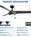 56" Farmhouse Reversible Ceiling Fan Light with Dark Gray ABS Blades specifications including size, material, and airflow details.