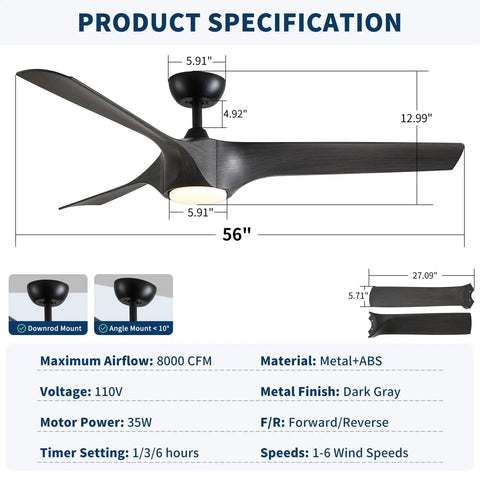 56" Farmhouse Reversible Ceiling Fan Light with Dark Gray ABS Blades specifications including size, material, and airflow details.