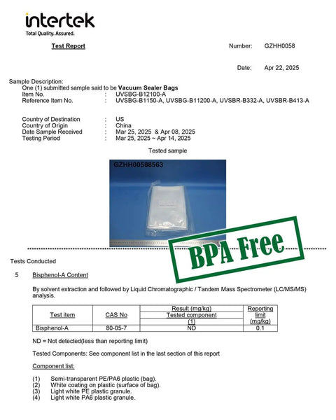 Quart Vacuum Sealer Bags For Food 8x11 Inch With Pre Printed Label Area BPA Free test report showing BPA Free certification