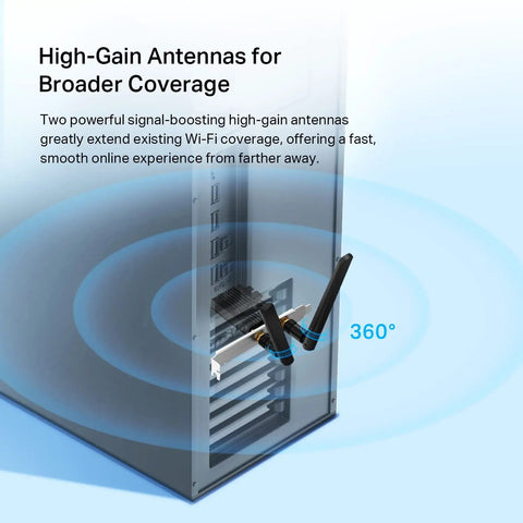 Image of a desktop with WiFi 6 PCIe Card for Desktop PC with AX3000 speeds installed, showing dual high-gain antennas.