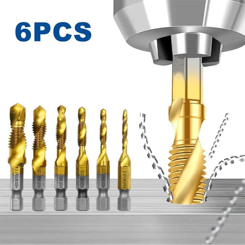 6-piece HSS titanium drill and tap set showing bits with threads, labeled as Pro Grade 6 Piece Drill and Tap Set