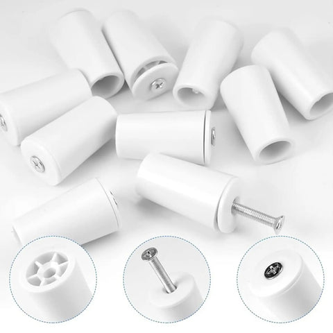 Top Shelf Eight Piece Shutter Stop Kit Features 41mm Durable Plastic Stops With Full Hardware Set For Quick Reliable Home Plantation And Roller Blind Fixes Today - White plastic stops and screws.