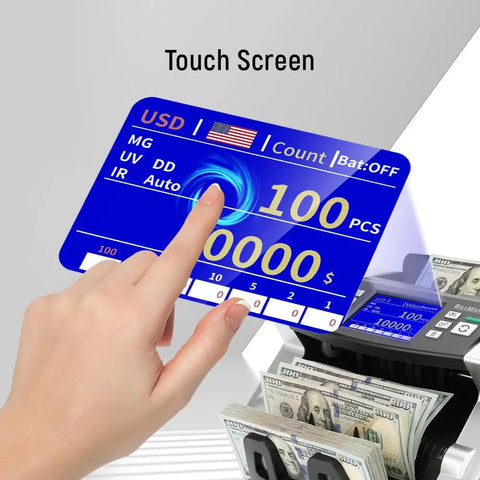 Fast Money Counter With Touch Screen And Multicurrency Support USD EUR CAD MXN, Four-Way Counterfeit Detection UV MG IR DD