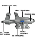 Heavy Duty Mechanics Bench Vise 8 Inch Jaw Width 8.5 Inch Opening Built Tough With Ductile Iron Base with labeled parts and features.