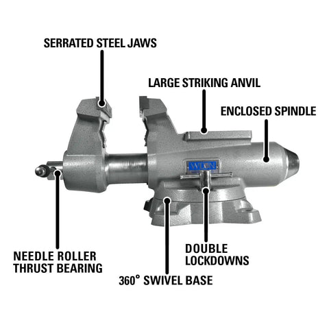 Heavy Duty Mechanics Bench Vise 8 Inch Jaw Width 8.5 Inch Opening Built Tough With Ductile Iron Base with labeled parts and features.