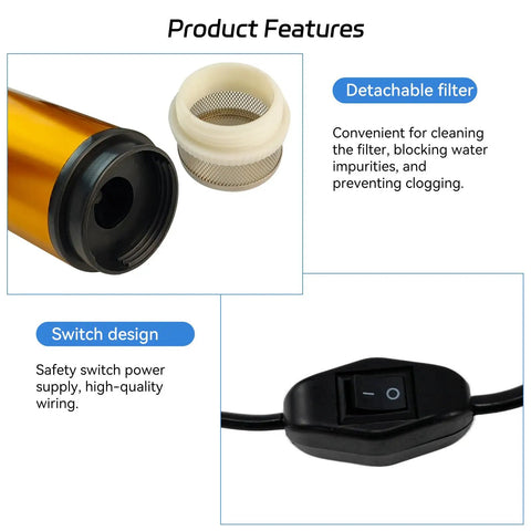 Close-up of DC 12V 80W Submersible Water Pump showing detachable filter and safety switch design features