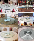 Multiple views of large lazy Susan turntable for dining table with clear tempered glass, 360 degree rotating tray, smooth bearing swivel.