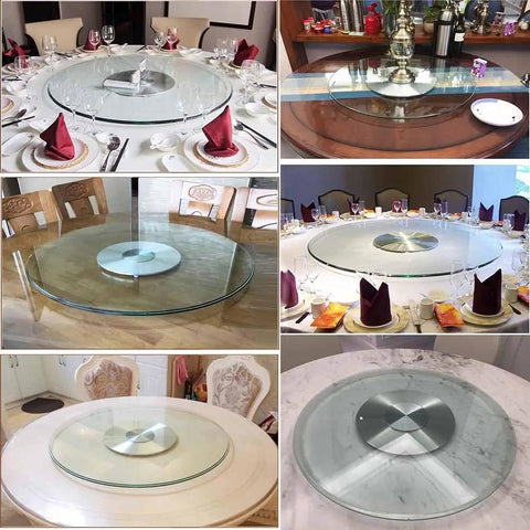 Multiple views of large lazy Susan turntable for dining table with clear tempered glass, 360 degree rotating tray, smooth bearing swivel.