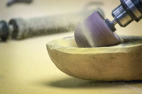 Guinevere Basic Sanding Kit for Woodworking and Finishing tool shaping inside of a wooden bowl with rotary attachment.