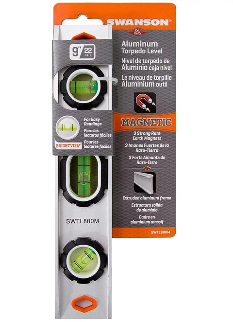 Front view of Swanson SWTL800M 9-inch aluminum torpedo level with 3 bubble vials and magnets, in packaging.