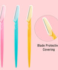 Top Shelf Dermaplane Razor Blade Refills For Ultra Smooth Face Shaving And Gentle Exfoliation With Durable Stainless Steel Eyebrow Shapers in pink, blue, and yellow with blade covers.
