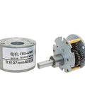 Top Notch 37mm Eccentric Shaft All Metal Gearbox For DC Motors With 2 And 3 Millimeter And 3.175mm Connection Options showing gear structure and motor housing.