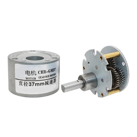 Top Notch 37mm Eccentric Shaft All Metal Gearbox For DC Motors With 2 And 3 Millimeter And 3.175mm Connection Options showing gear structure and motor housing.