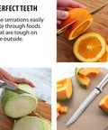 Smooth Serrated Slicer Knife With Knockout Double Sided Teeth That Crush Through Tough Produce Skins Like Hot Knife cutting cabbage and orange on wooden cutting board.