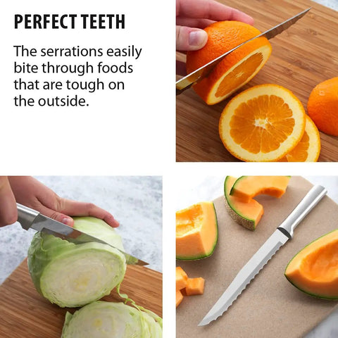 Smooth Serrated Slicer Knife With Knockout Double Sided Teeth That Crush Through Tough Produce Skins Like Hot Knife cutting cabbage and orange on wooden cutting board.