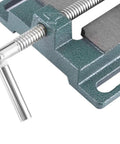 Close-up of Super Heavy Duty Cast Iron Drill Press Vise Featuring Four Inch Jaw Width with hardened steel jaws and turn screw.