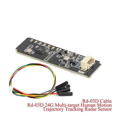 24GHz Multi-Target Radar Sensor Module For Real Time Human Motion Tracking And Localization With PCB Antenna, Low Power 5V Operation, Next Level For Robotics, Drones, Security Systems, Includes Two Rd-03D Cables, black PCB module with cable